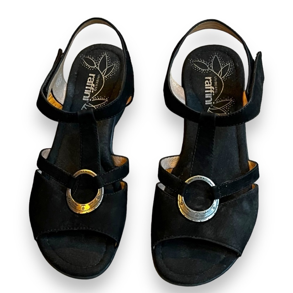 Umberto Raffini Yoli Wedge Sandals Black Suede T Strap Open Toe  EU41/US 10-10.5